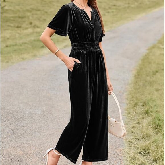 Short Sleeve Wide Leg Black Velvet Romper - Picture 3 of 10